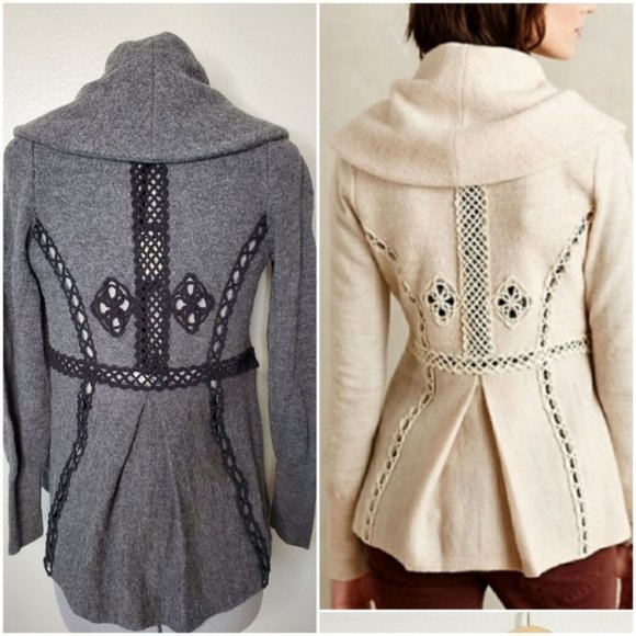 Anthropologie Sweaters - Anthropologie Angel of the North Gray Black Wool Soutache Trim Open Cardigan